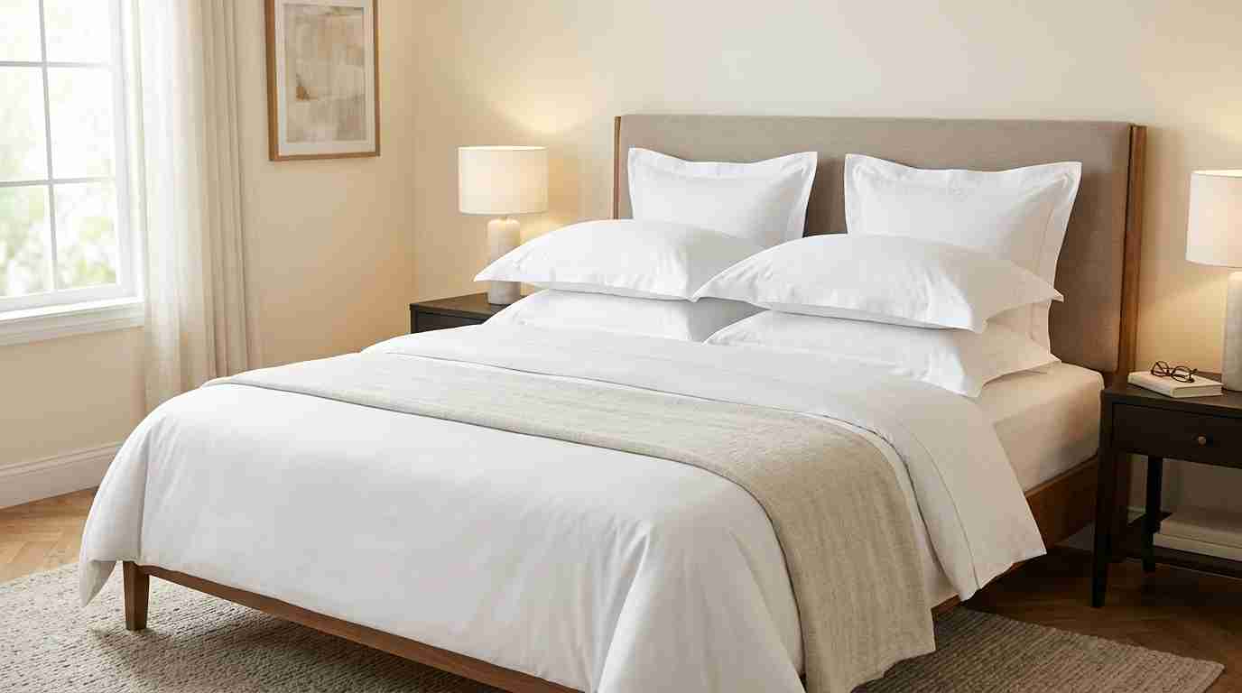 Plain white bedding in a hotel room